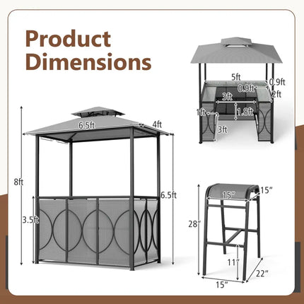 6.5 x 4 x 8 FT Grill Gazebo Set with 2 Bar Stools and Bar Table-Gray - Gray - Patio Bar Furniture