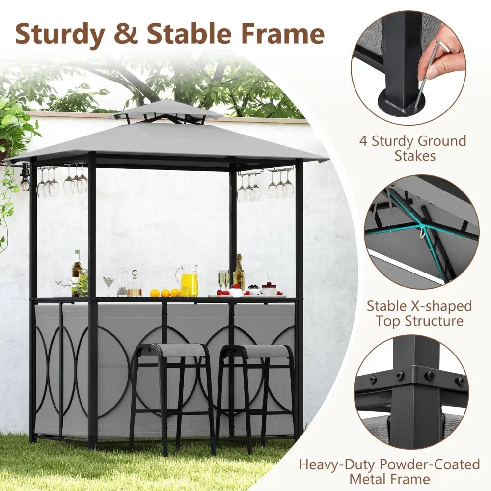 6.5 x 4 x 8 FT Grill Gazebo Set with 2 Bar Stools and Bar Table-Gray - Gray - Patio Bar Furniture
