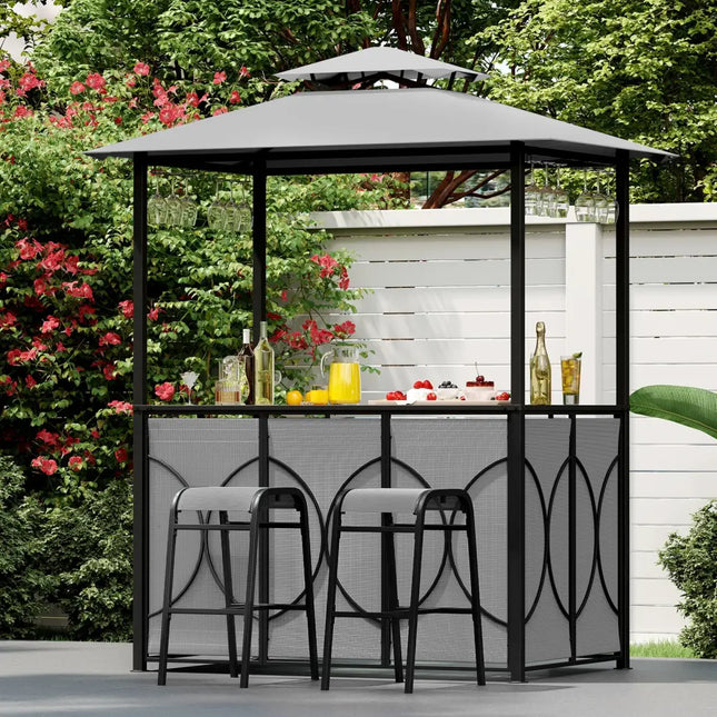 6.5 x 4 x 8 FT Grill Gazebo Set with 2 Bar Stools and Bar Table-Gray - Gray - Patio Bar Furniture