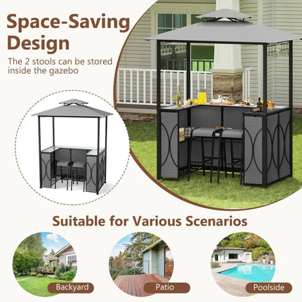 6.5 x 4 x 8 FT Grill Gazebo Set with 2 Bar Stools and Bar Table-Gray - Gray - Patio Bar Furniture
