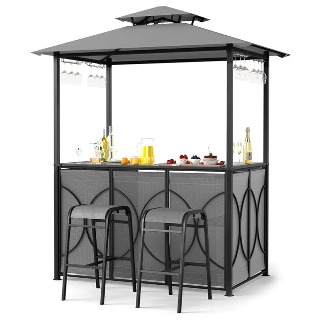 6.5 x 4 x 8 FT Grill Gazebo Set with 2 Bar Stools and Bar Table-Gray - Gray - Patio Bar Furniture