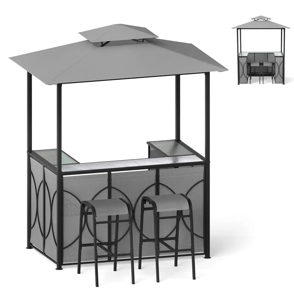 6.5 x 4 x 8 FT Grill Gazebo Set with 2 Bar Stools and Bar Table-Gray - Gray - Patio Bar Furniture