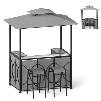 6.5 x 4 x 8 FT Grill Gazebo Set with 2 Bar Stools and Bar Table-Gray - Gray - Patio Bar Furniture