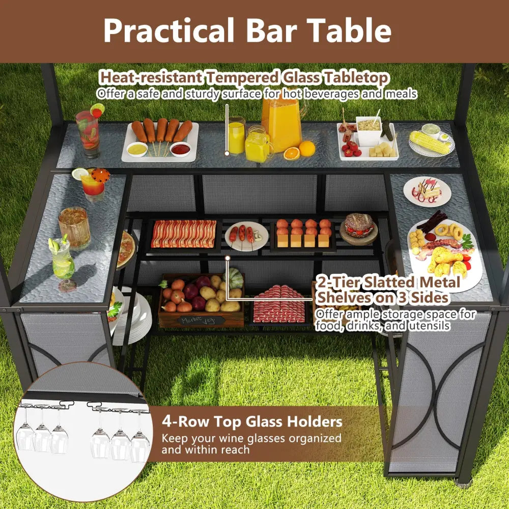6.5 x 4 x 8 FT Grill Gazebo Set with 2 Bar Stools and Bar Table-Gray - Gray - Patio Bar Furniture