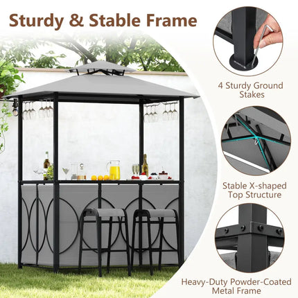 6.5 x 4 x 8 FT Grill Gazebo Set with 2 Bar Stools and Bar Table-Gray - Gray - Patio Bar Furniture