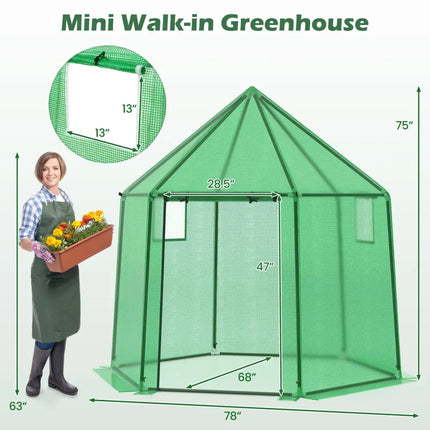 6.5 x 5.6 x 6.2 FT Mini Walk-in Greenhouse Portable Outdoor Warm House for Winter with PE Cover-Green - Green