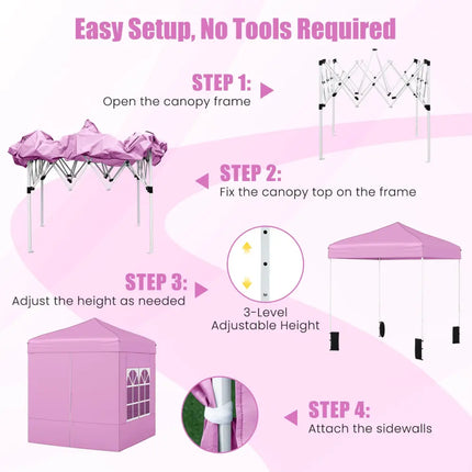 6.5 x 6.5 FT Pop up Canopy Tent with 4 Sidewalls and Wheeled Bag-Pink - Pink - Canopies
