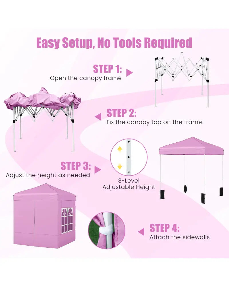6.5 x 6.5 FT Pop up Canopy Tent with 4 Sidewalls and Wheeled Bag-Pink - Pink - Canopies
