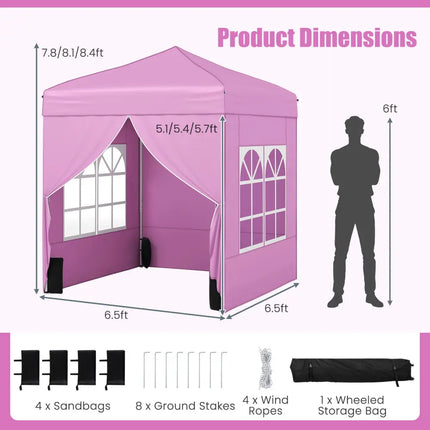 6.5 x 6.5 FT Pop up Canopy Tent with 4 Sidewalls and Wheeled Bag-Pink - Pink - Canopies