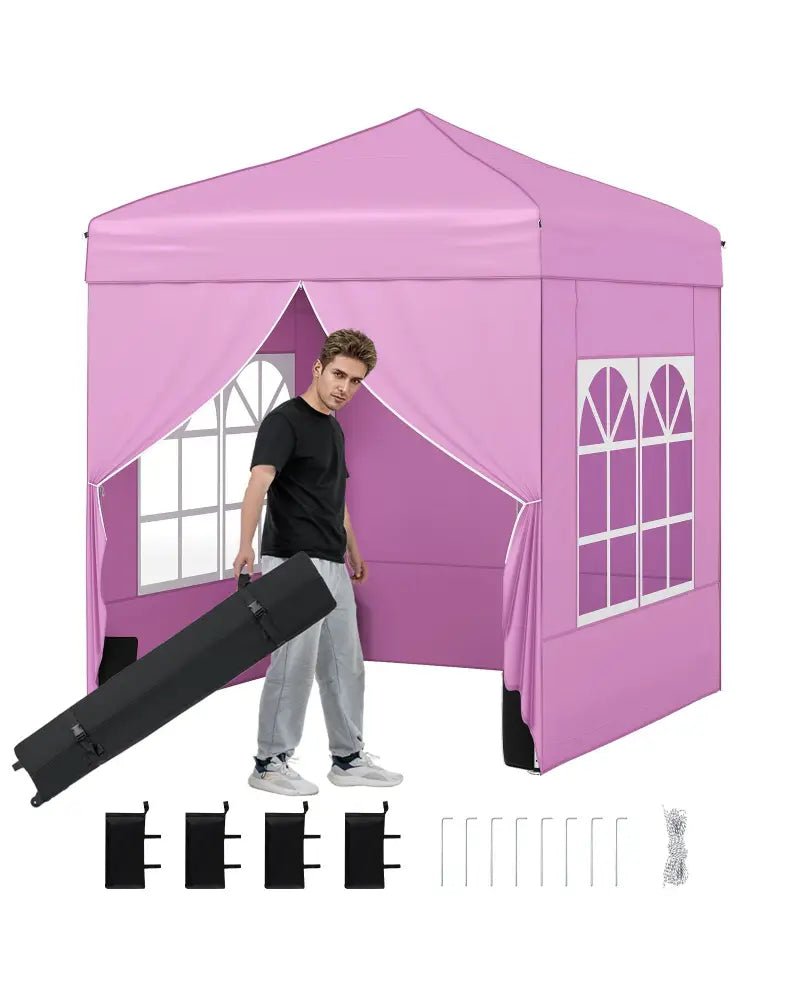 6.5 x 6.5 FT Pop up Canopy Tent with 4 Sidewalls and Wheeled Bag-Pink - Pink - Canopies