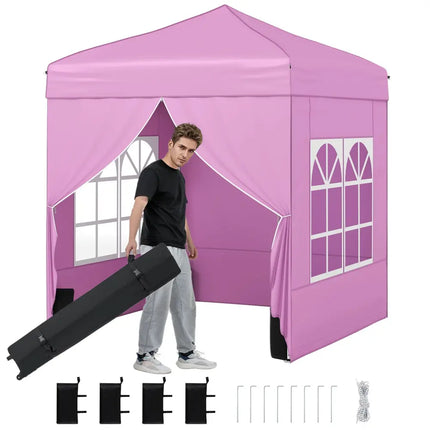 6.5 x 6.5 FT Pop up Canopy Tent with 4 Sidewalls and Wheeled Bag-Pink - Pink - Canopies
