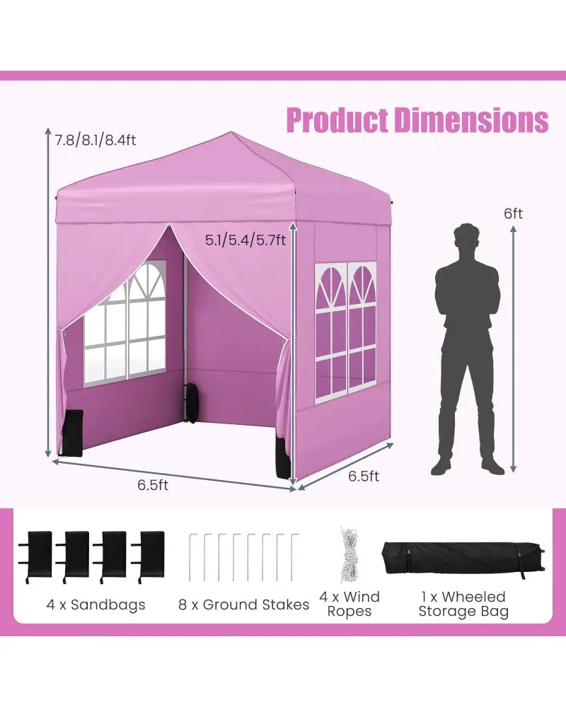 6.5 x 6.5 FT Pop up Canopy Tent with 4 Sidewalls and Wheeled Bag-Pink - Pink - Canopies