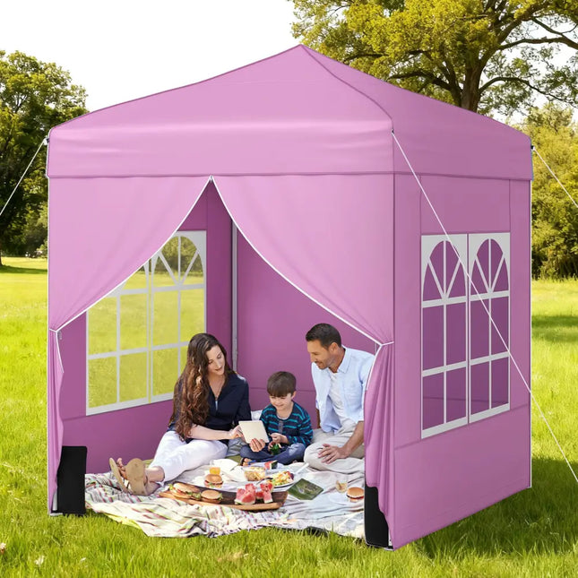 6.5 x 6.5 FT Pop up Canopy Tent with 4 Sidewalls and Wheeled Bag-Pink - Pink - Canopies