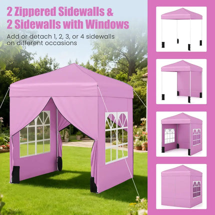 6.5 x 6.5 FT Pop up Canopy Tent with 4 Sidewalls and Wheeled Bag-Pink - Pink - Canopies