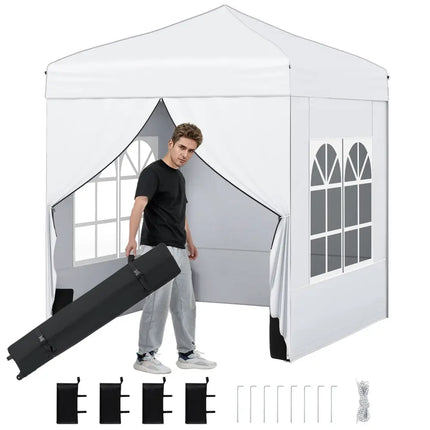6.5 x 6.5 FT Pop up Canopy Tent with 4 Sidewalls and Wheeled Bag-white - White - Canopies