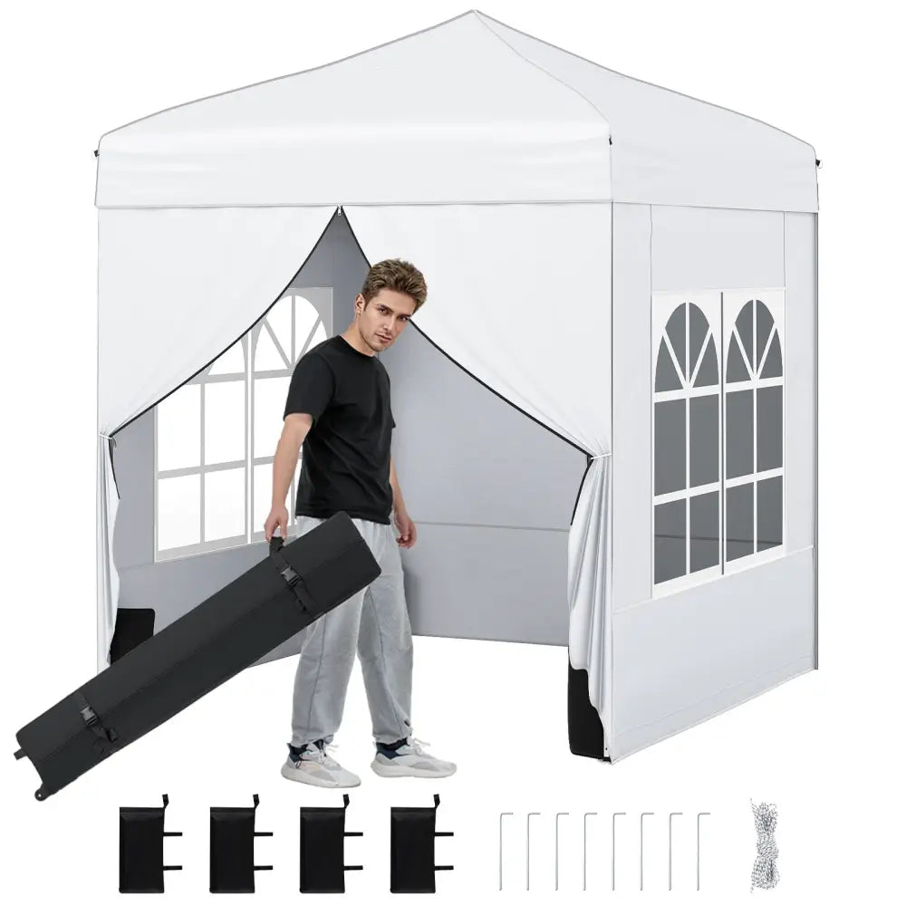 6.5 x 6.5 FT Pop up Canopy Tent with 4 Sidewalls and Wheeled Bag-white - White - Canopies