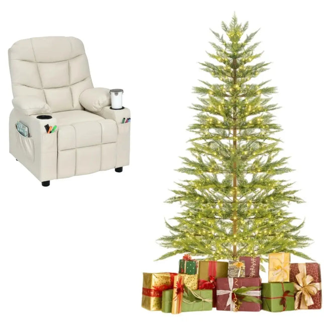 6.5FT Pre-Lit Christmas Tree & Beige Kids Recliner Chair Set Cozy Holiday Bundle - Kids Chairs & Seating
