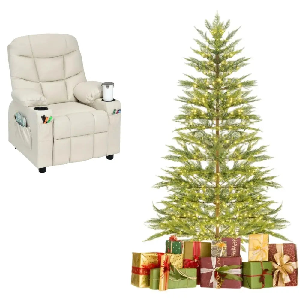 6.5FT Pre-Lit Christmas Tree & Beige Kids Recliner Chair Set Cozy Holiday Bundle - Kids Chairs & Seating