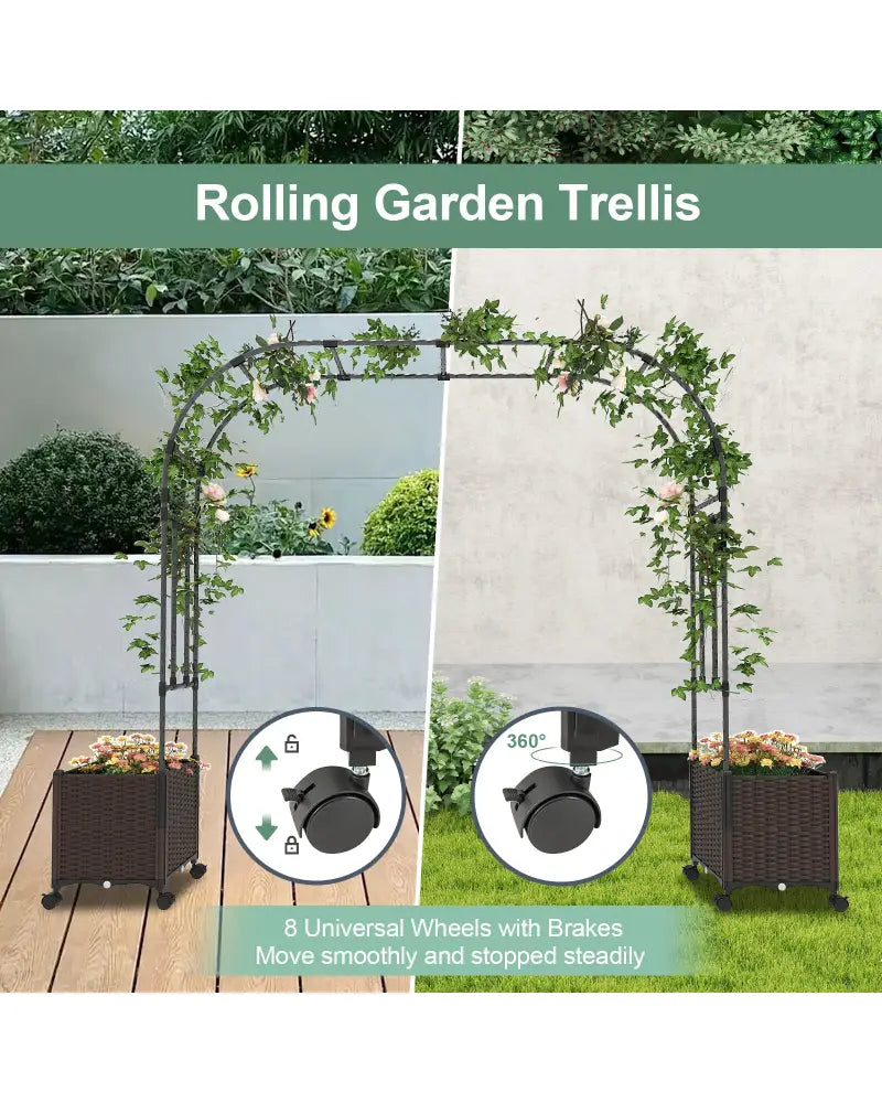 6.6 Feet Garden Arch Trellis with 2 Planter Boxes and Lockable Wheels-Black - Black - Garden Arbors