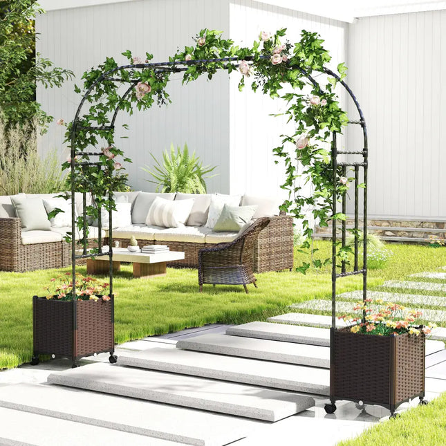 6.6 Feet Garden Arch Trellis with 2 Planter Boxes and Lockable Wheels-Black - Black - Outdoor Decor