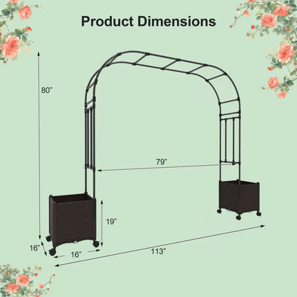 6.6 Feet Garden Arch Trellis with 2 Planter Boxes and Lockable Wheels-Black - Black - Outdoor Decor
