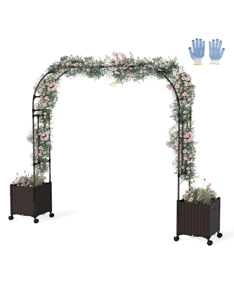 6.6 Feet Garden Arch Trellis with 2 Planter Boxes and Lockable Wheels-Black - Black - Garden Arbors