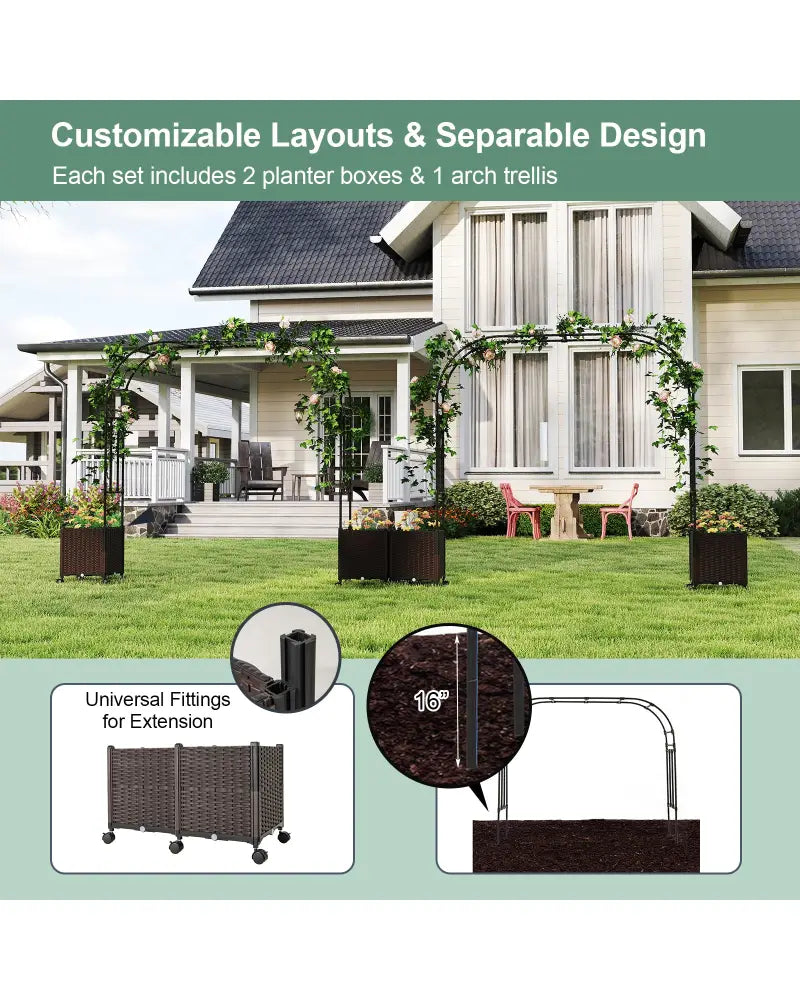 6.6 Feet Garden Arch Trellis with 2 Planter Boxes and Lockable Wheels-Black - Black - Garden Arbors