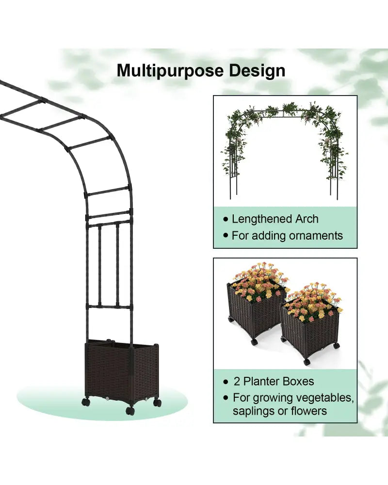 6.6 Feet Garden Arch Trellis with 2 Planter Boxes and Lockable Wheels-Black - Black - Garden Arbors