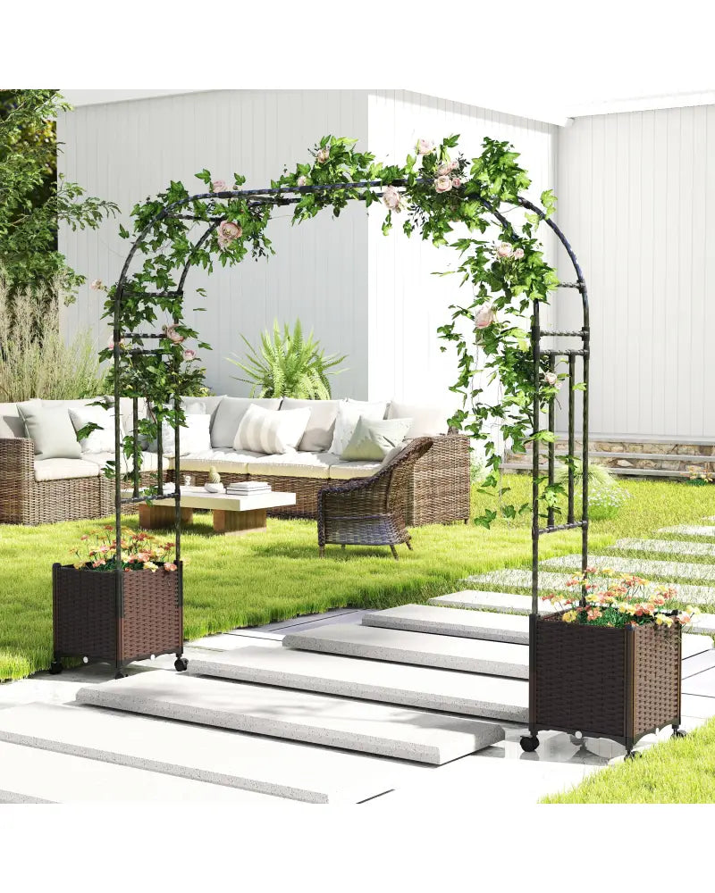 6.6 Feet Garden Arch Trellis with 2 Planter Boxes and Lockable Wheels-Black - Black - Garden Arbors