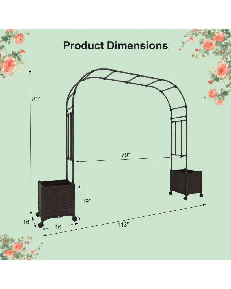6.6 Feet Garden Arch Trellis with 2 Planter Boxes and Lockable Wheels-Black - Black - Garden Arbors