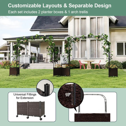 6.6 Feet Garden Arch Trellis with 2 Planter Boxes and Lockable Wheels-Black - Black - Outdoor Decor