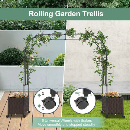 6.6 Feet Garden Arch Trellis with 2 Planter Boxes and Lockable Wheels-Black - Black - Outdoor Decor