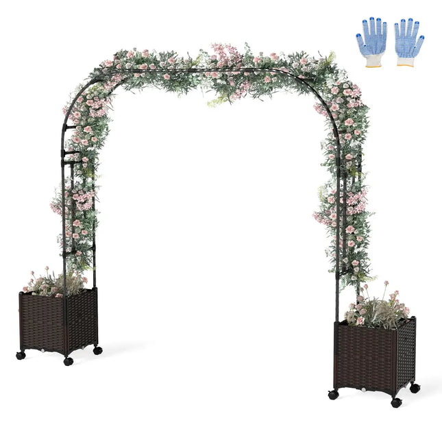 6.6 Feet Garden Arch Trellis with 2 Planter Boxes and Lockable Wheels-Black - Black - Outdoor Decor