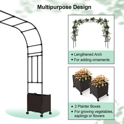 6.6 Feet Garden Arch Trellis with 2 Planter Boxes and Lockable Wheels-Black - Black - Outdoor Decor