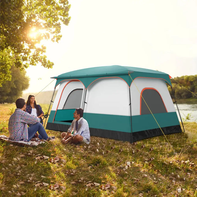 6-8 Person Camping Tent with Double Rooms and 2 Doors-Green - Green - Tents