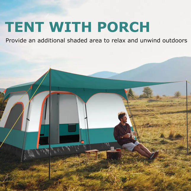 6-8 Person Camping Tent with Double Rooms and 2 Doors-Green - Green - Tents