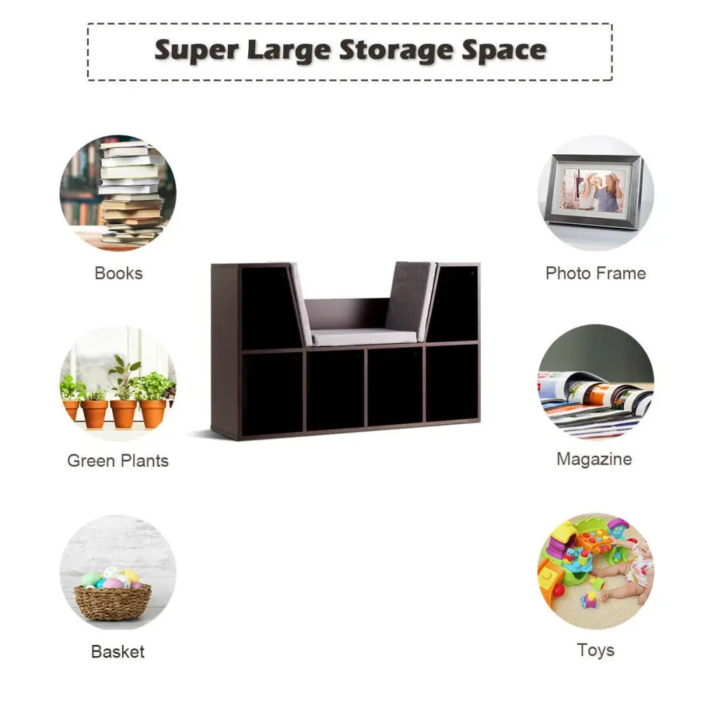 6-Cubby Kid Storage Bookcase Cushioned Reading Nook-Brown - Brown - Kids Storage