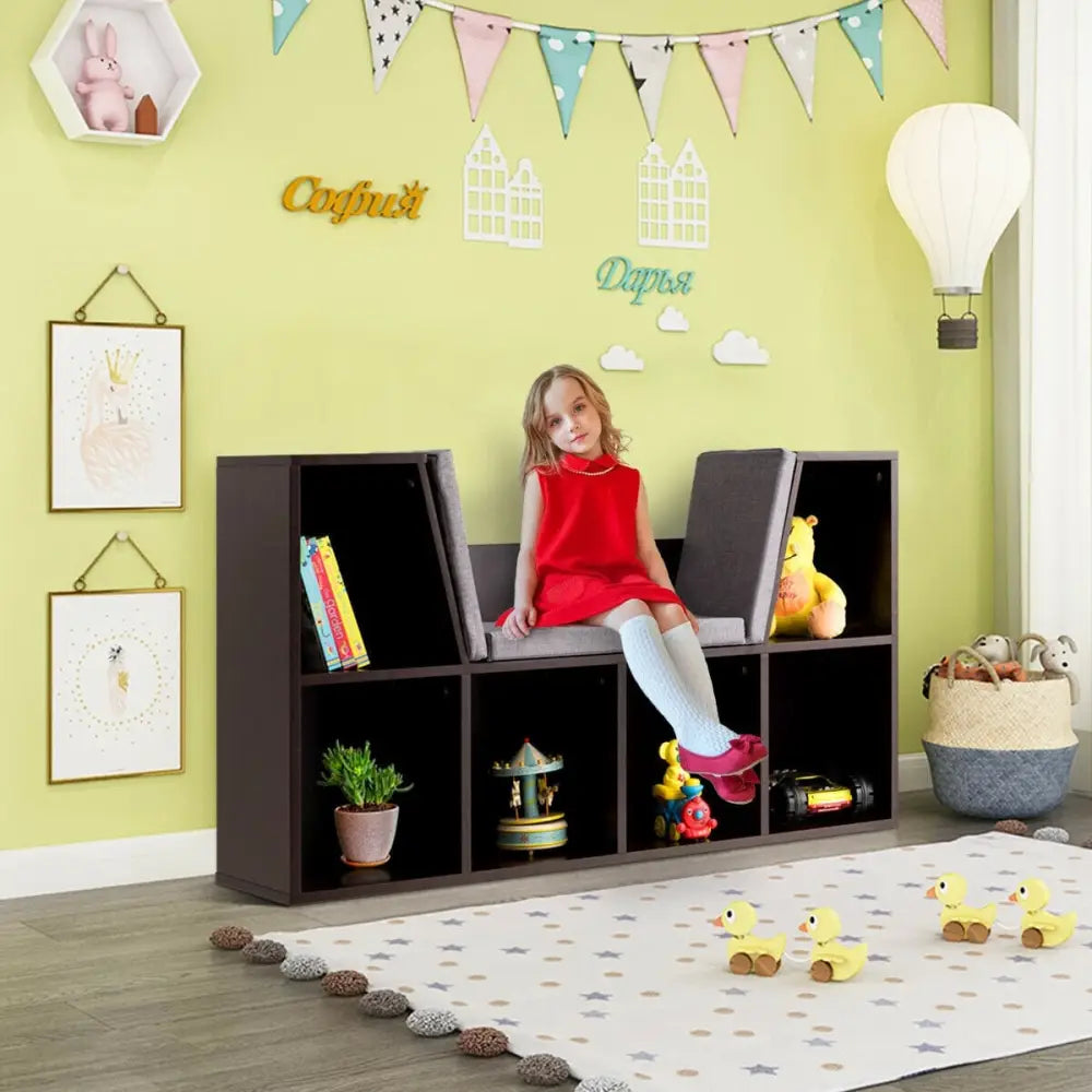 6-Cubby Kid Storage Bookcase Cushioned Reading Nook-Brown - Brown - Kids Storage