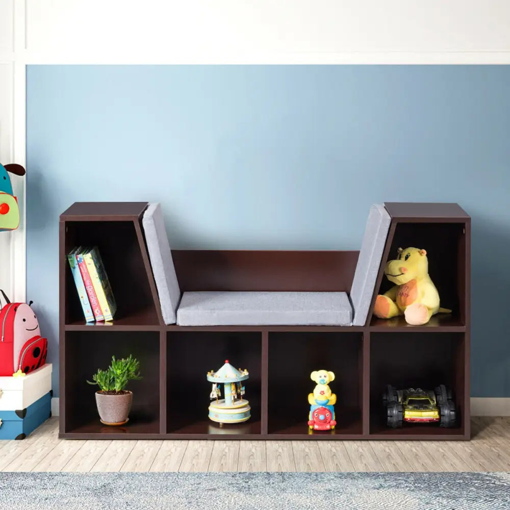 6-Cubby Kid Storage Bookcase Cushioned Reading Nook-Brown - Brown - Kids Storage