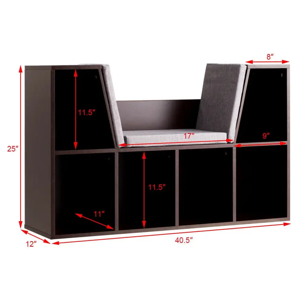 6-Cubby Kid Storage Bookcase Cushioned Reading Nook-Brown - Brown - Kids Storage