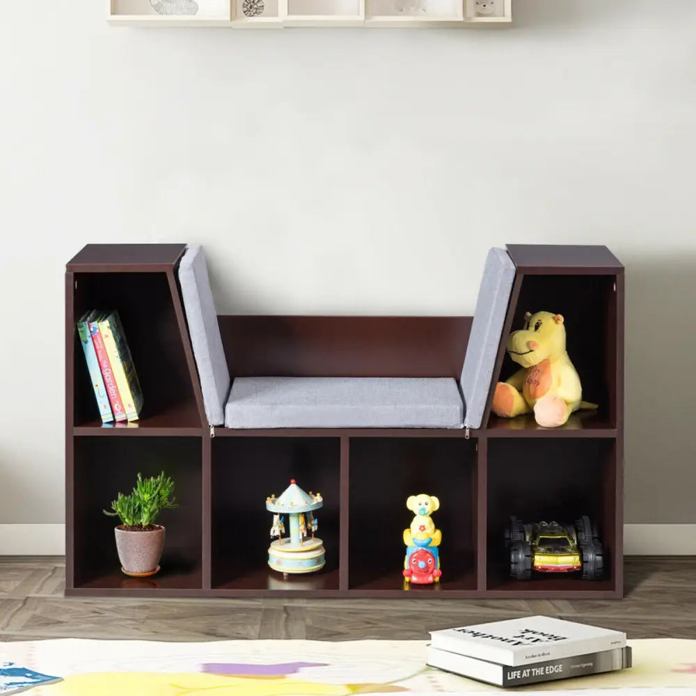 6-Cubby Kid Storage Bookcase Cushioned Reading Nook-Brown - Brown - Kids Storage