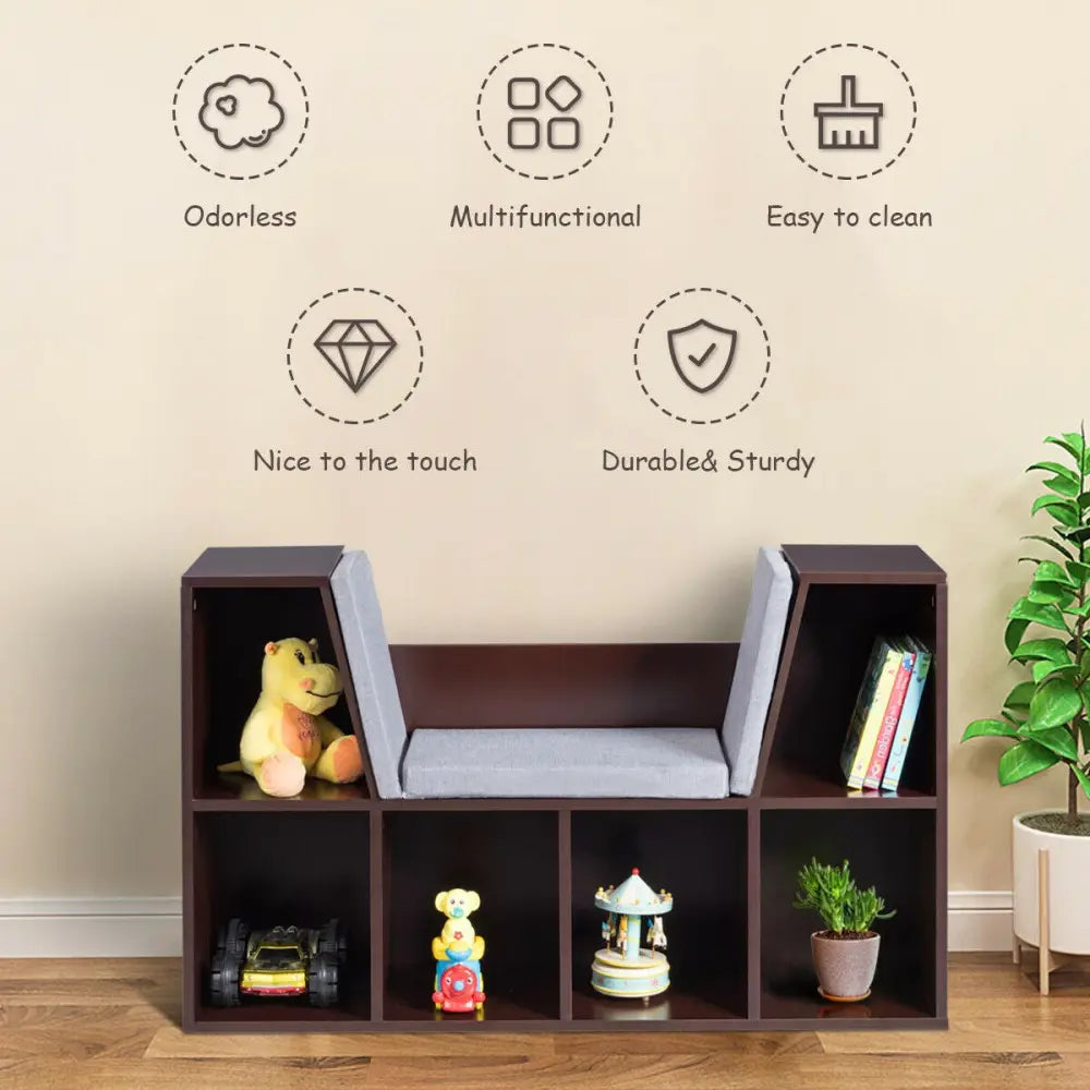 6-Cubby Kid Storage Bookcase Cushioned Reading Nook-Brown - Brown - Kids Storage
