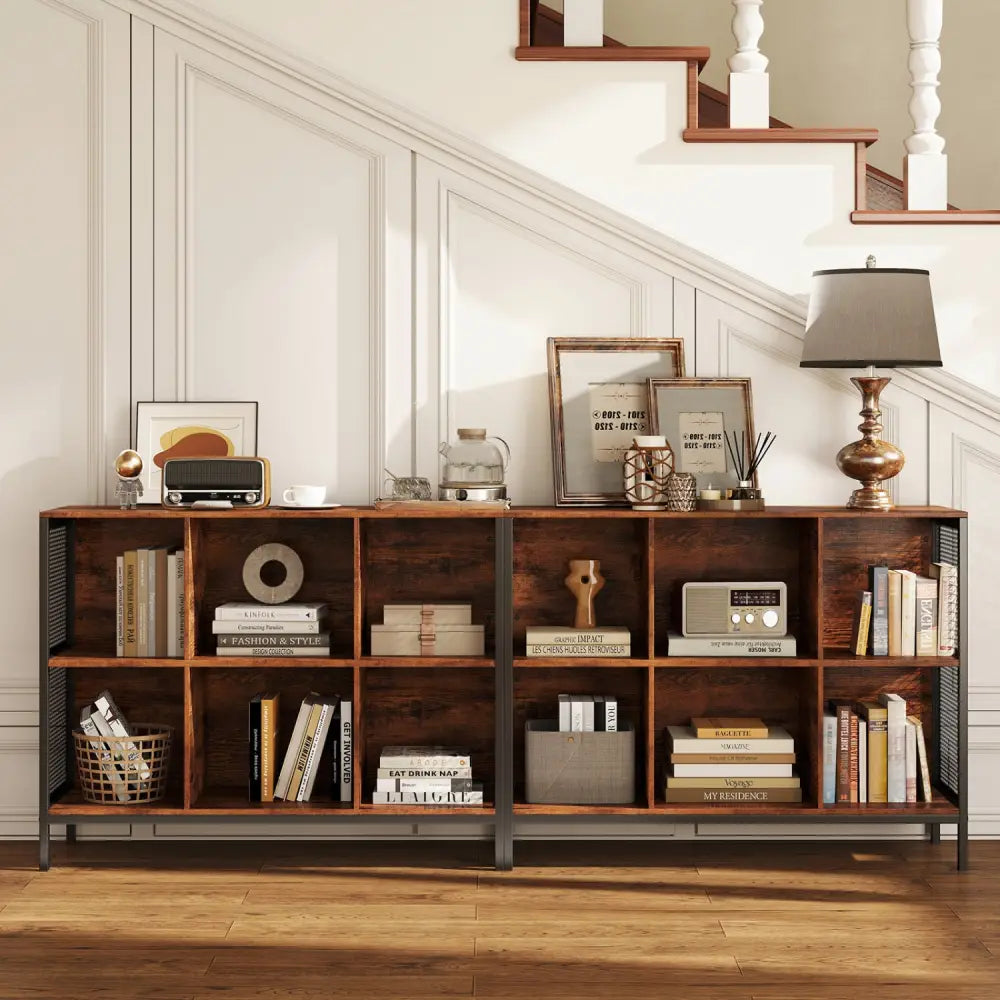 6 Cube Bookcase 42’’ Wide Horizontal Bookshelf with Accent Cubby Shelf-Rustic Brown - Rustic Brown - Bookcases