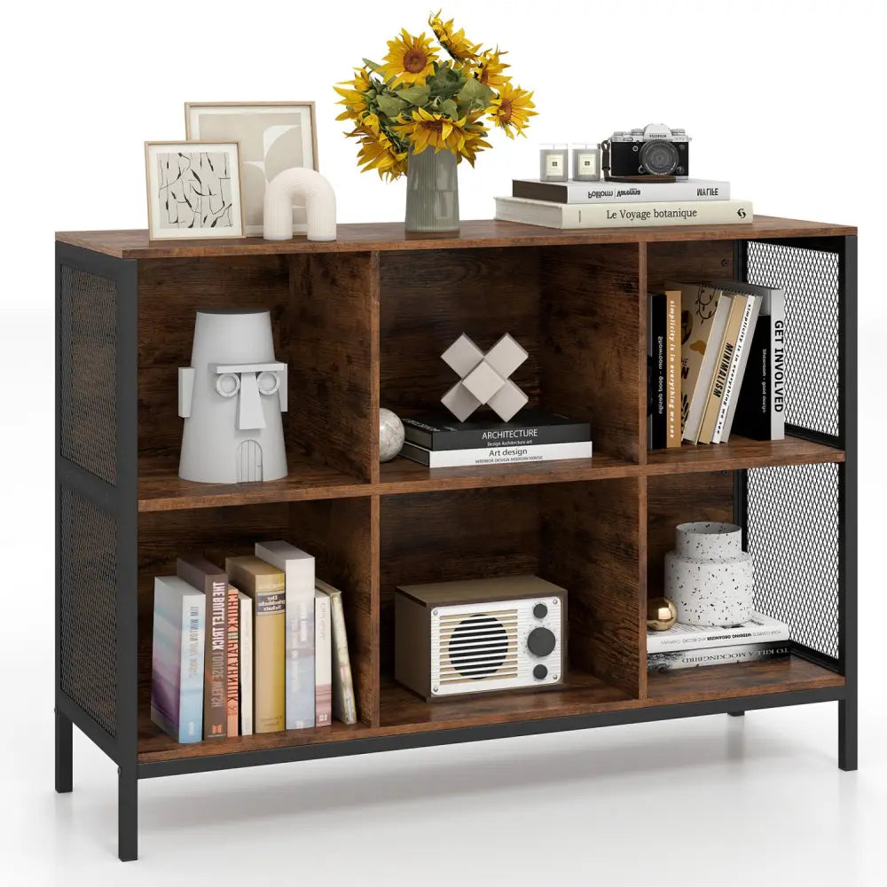 6 Cube Bookcase 42’’ Wide Horizontal Bookshelf with Accent Cubby Shelf-Rustic Brown - Rustic Brown - Bookcases