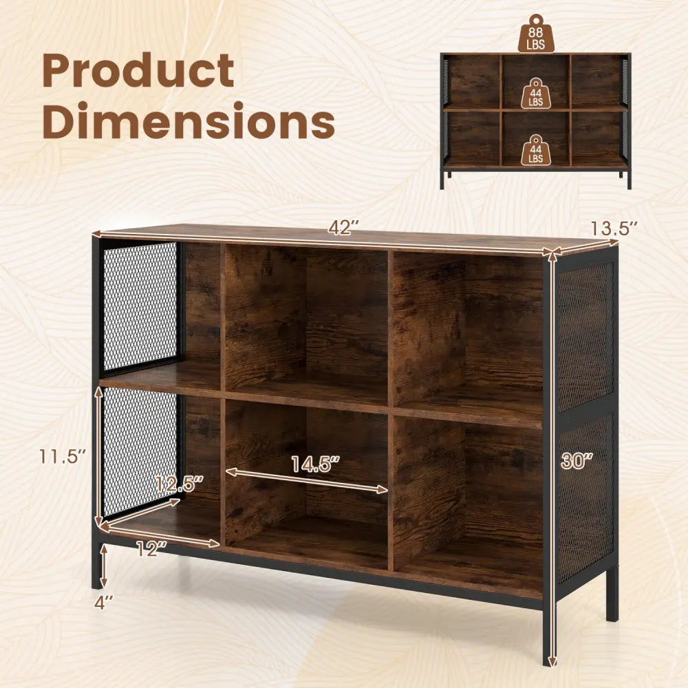 6 Cube Bookcase 42’’ Wide Horizontal Bookshelf with Accent Cubby Shelf-Rustic Brown - Rustic Brown - Bookcases