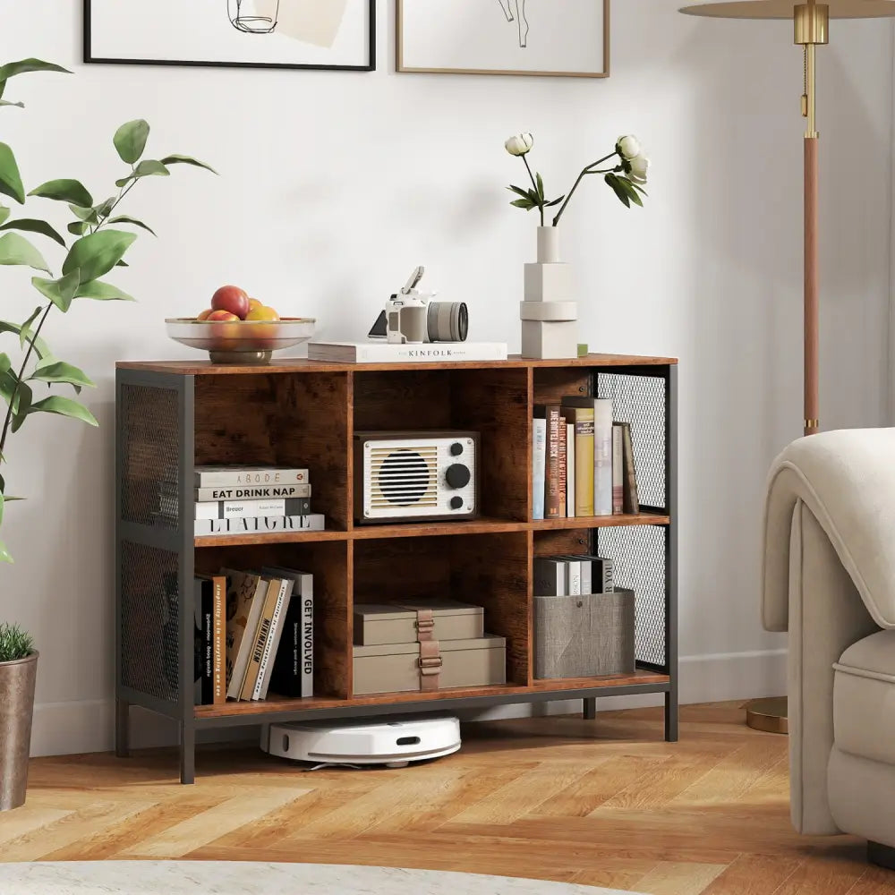 6 Cube Bookcase 42’’ Wide Horizontal Bookshelf with Accent Cubby Shelf-Rustic Brown - Rustic Brown - Bookcases