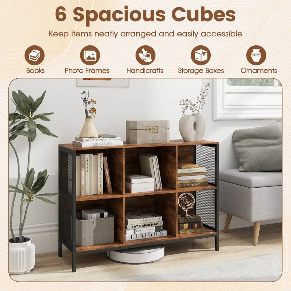 6 Cube Bookcase 42’’ Wide Horizontal Bookshelf with Accent Cubby Shelf-Rustic Brown - Rustic Brown - Bookcases