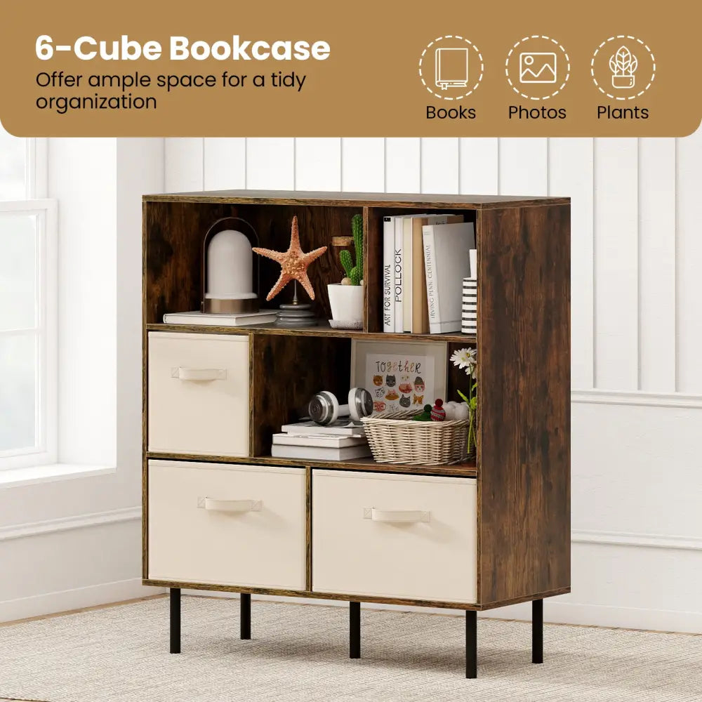 6-Cube Bookshelf with 3 Removable Folding Fabric Drawers for Living Room-Rustic Brown - Rustic Brown - Bookcases
