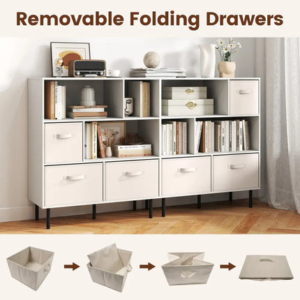 6-Cube Bookshelf with 3 Removable Folding Fabric Drawers for Living Room-White - White - Bookcases