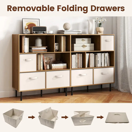 6-Cube Bookshelf with 3 Removable Folding Fabric Drawers for Living Room-Natural - Natural - Bookcases